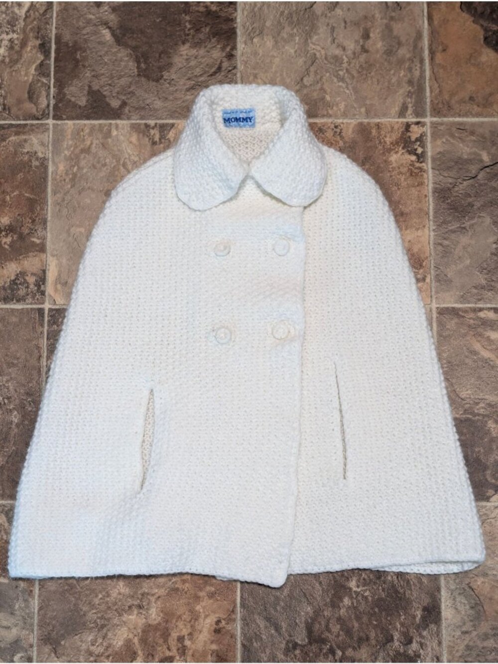Handmade White Knit Wool Toddler Cape With Peter Pan Collar & Double Breasted Bu